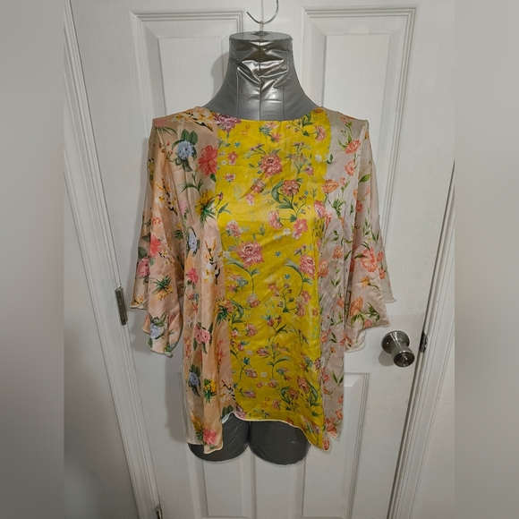 Zara Yellow Boxy Blouse with Pink Floral Print - Picture 1 of 4